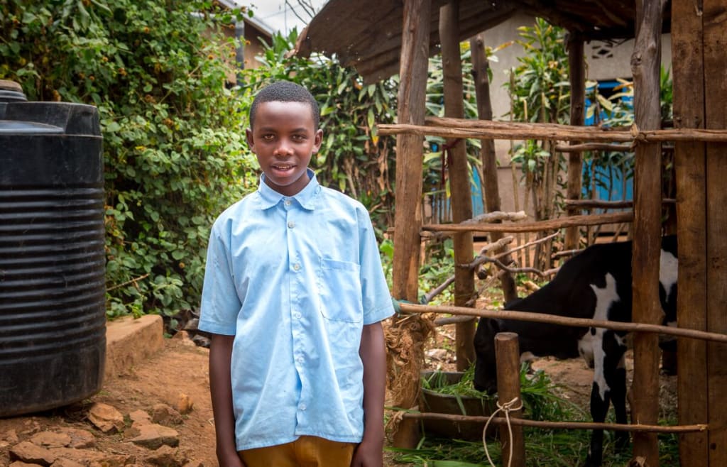 Felix smiles in a blue button up shirt beside his new cow!